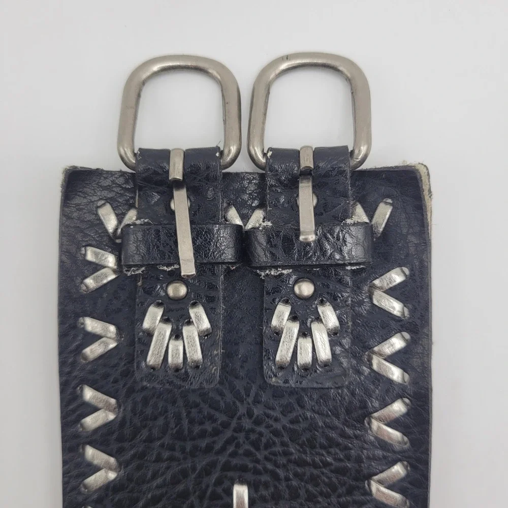 Nine West Belt Medium Black Studded Whipstitch Double Buckle Corset Cowgirl Boho
